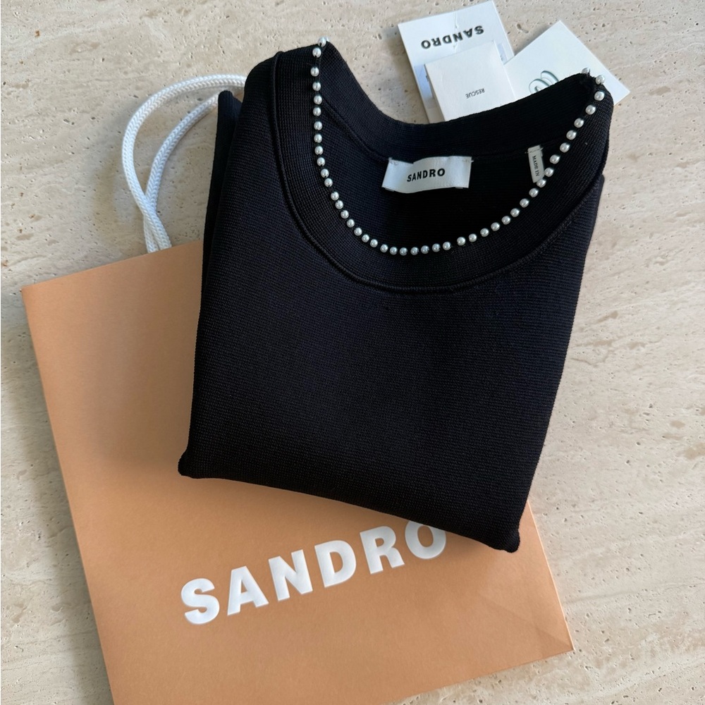 NWT Sandro Gild Faux Pearl Embellished Sleeveless Knit Tank Top Black  Sz/ 0 - Picture 12 of 12